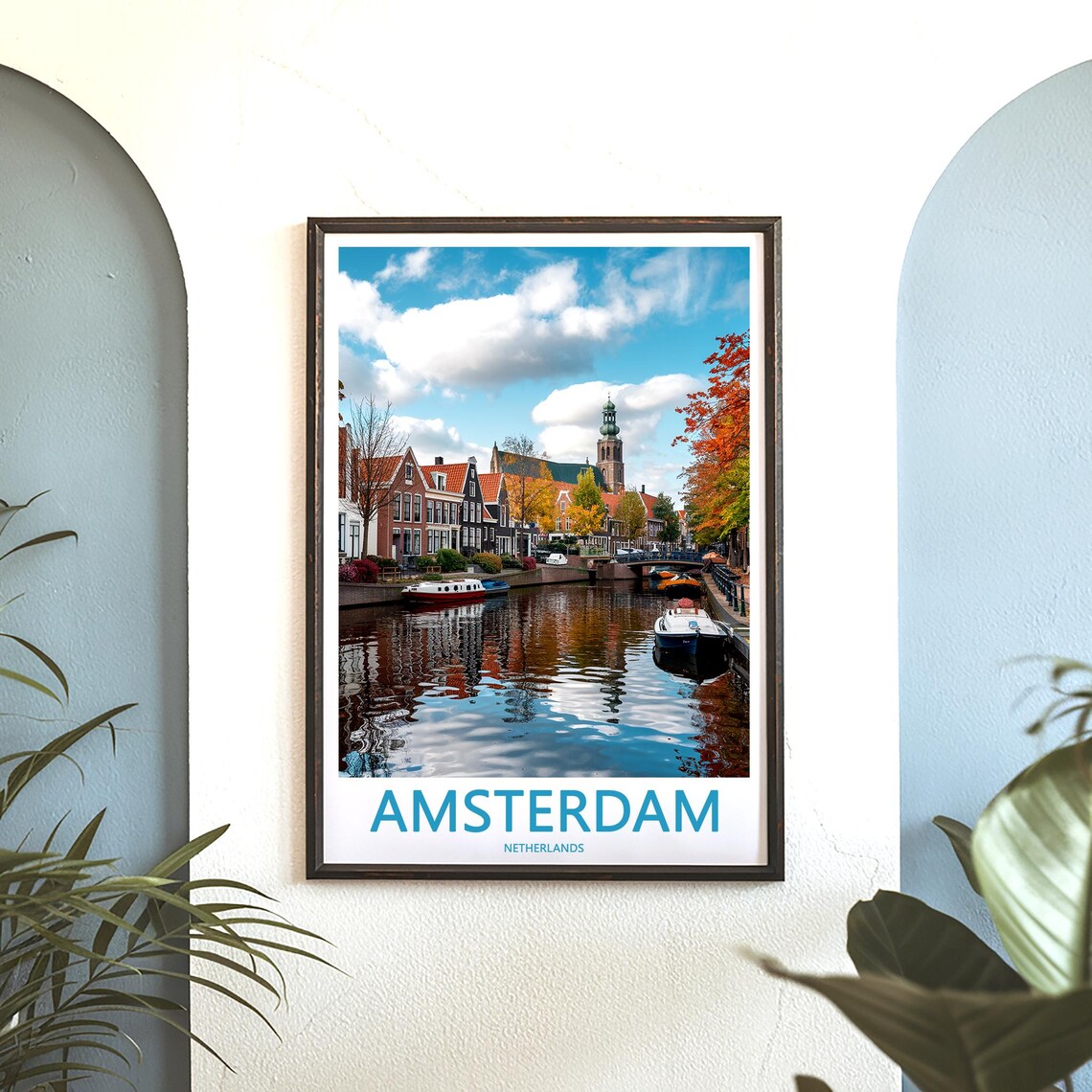 Amsterdam Autumn Canal with Moored Boats and Church Tower Poster - Image 3