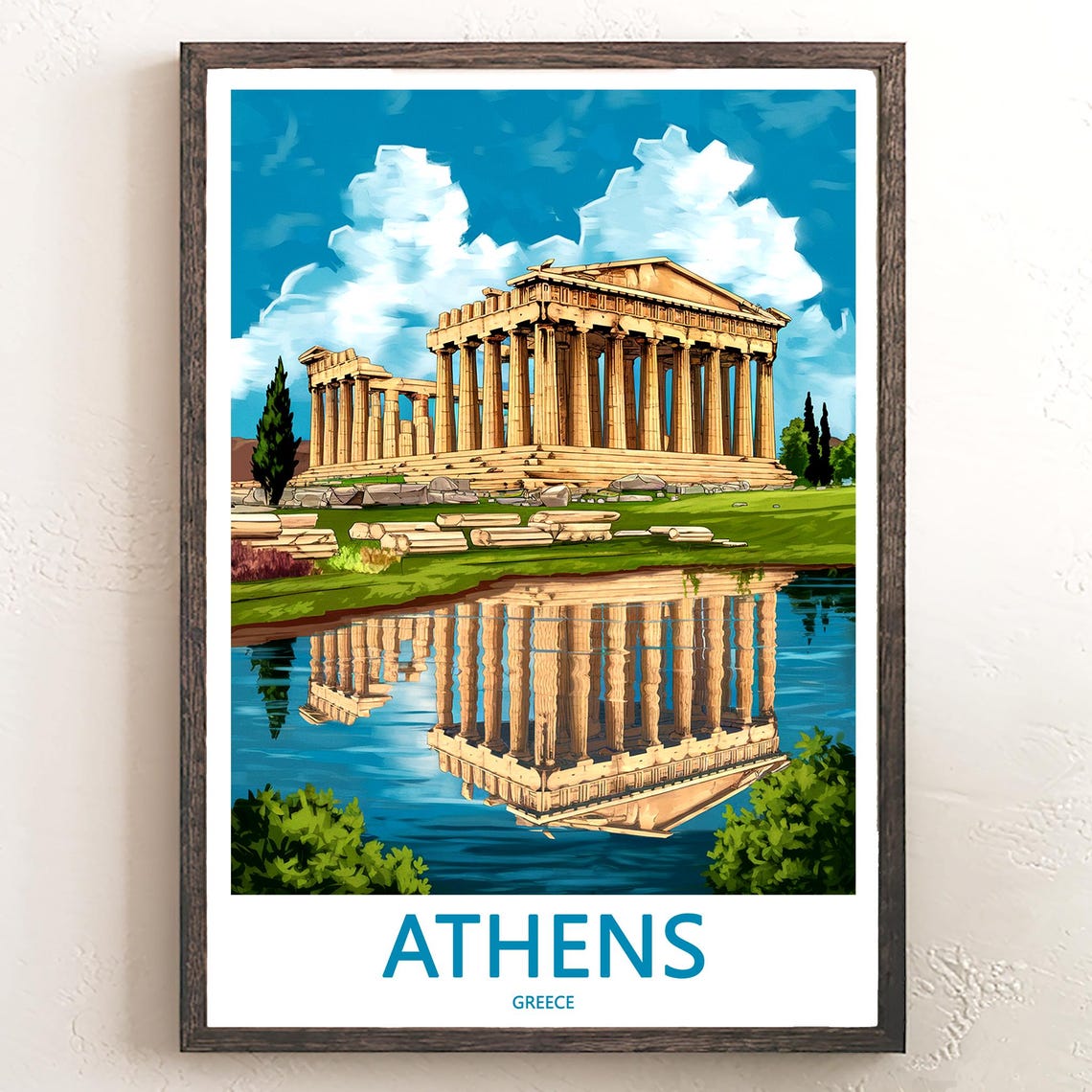 Athens Parthenon Perfect Mirror Lake Reflection Illustrated Poster