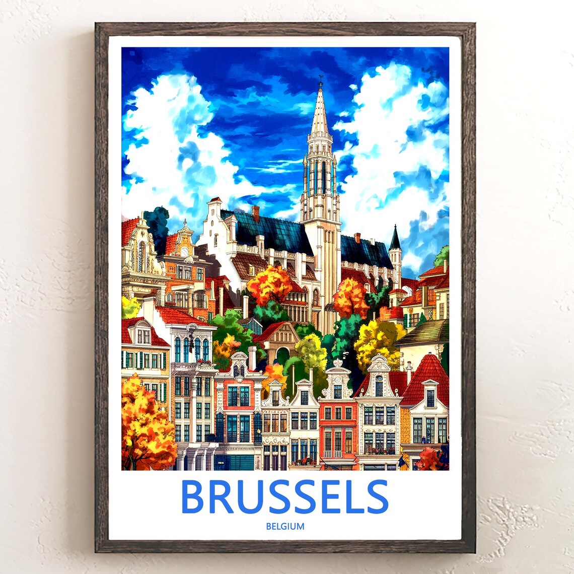 Brussels Belgium Grand Place Tower Autumn Houses View Poster
