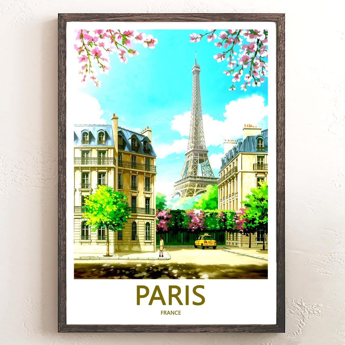 Eiffel Tower Between Haussmann Buildings in Pink Cherry Blossom Poster