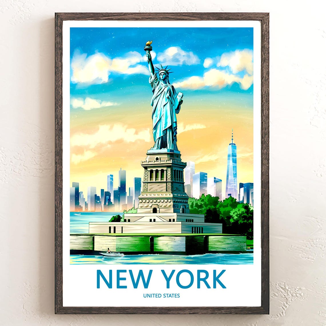 Statue of Liberty at Sunrise with a Small Harbor Boat Poster