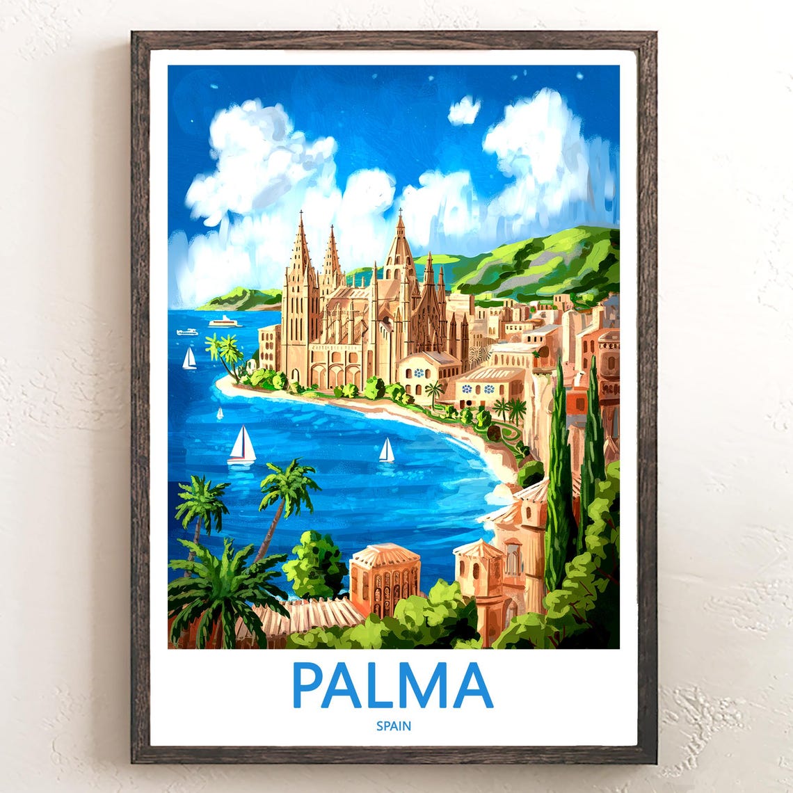 Palma Spain Curving Shoreline Cathedral With Sailboats Poster