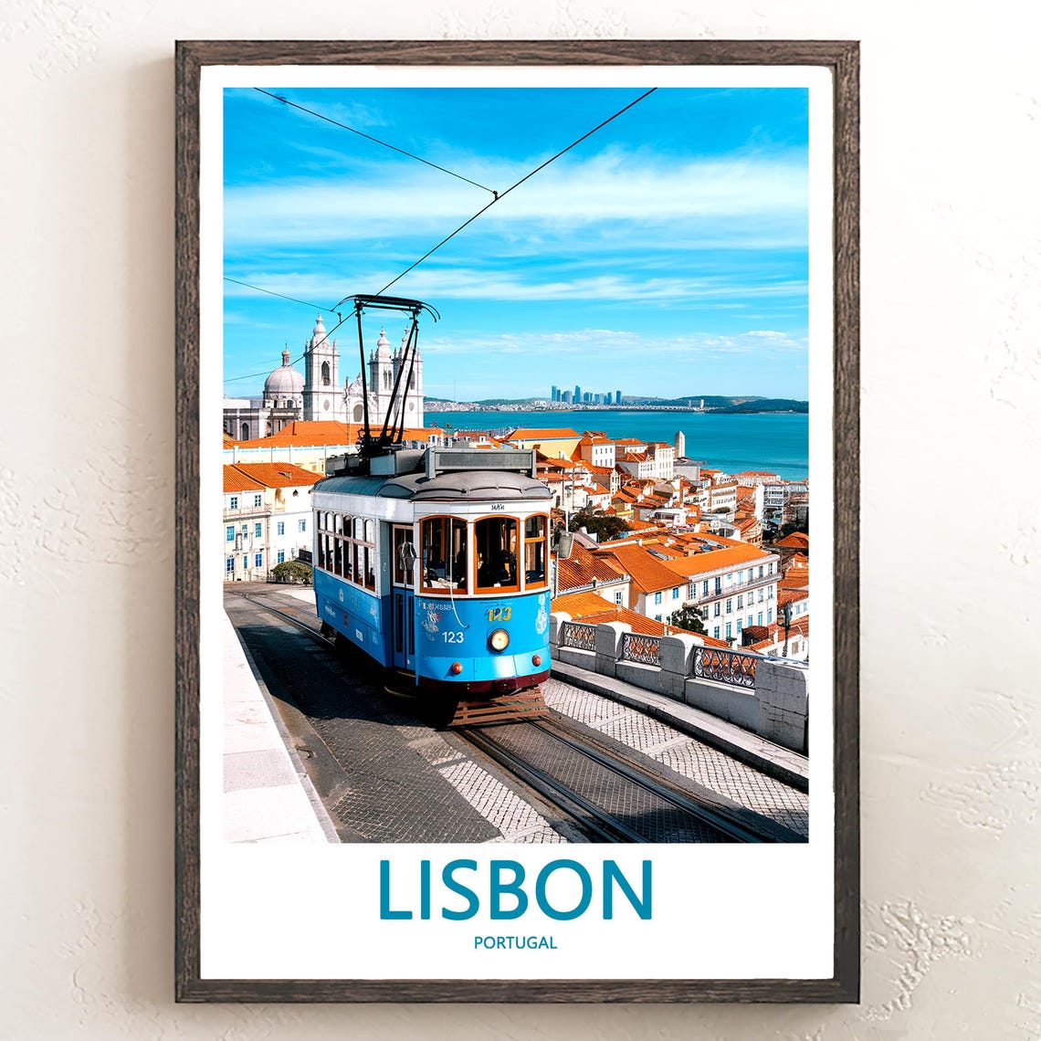 Lisbon Blue Tram at Hilltop Viewpoint Over City and River Poster