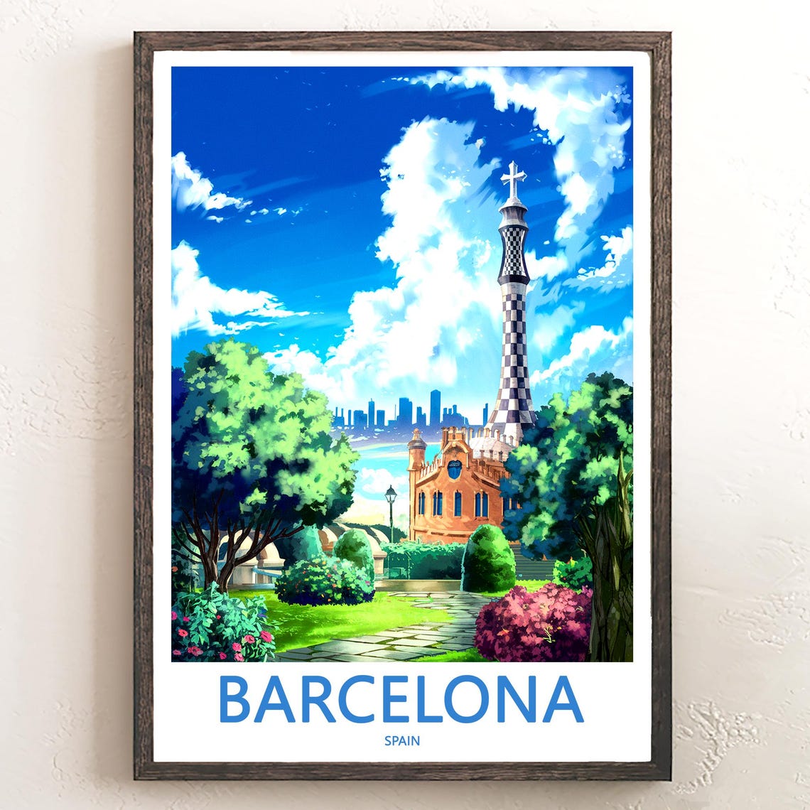 Barcelona Park Güell Tower Anime Garden Path Bright Travel Poster