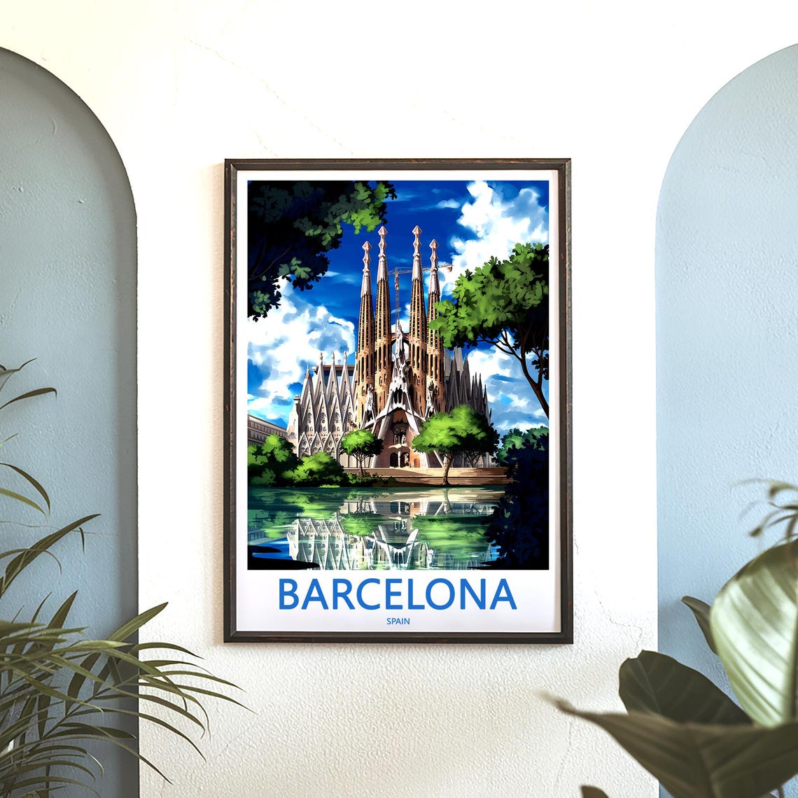 Barcelona Sagrada Familia Water Reflection Dense Trees Travel Poster - Image 3