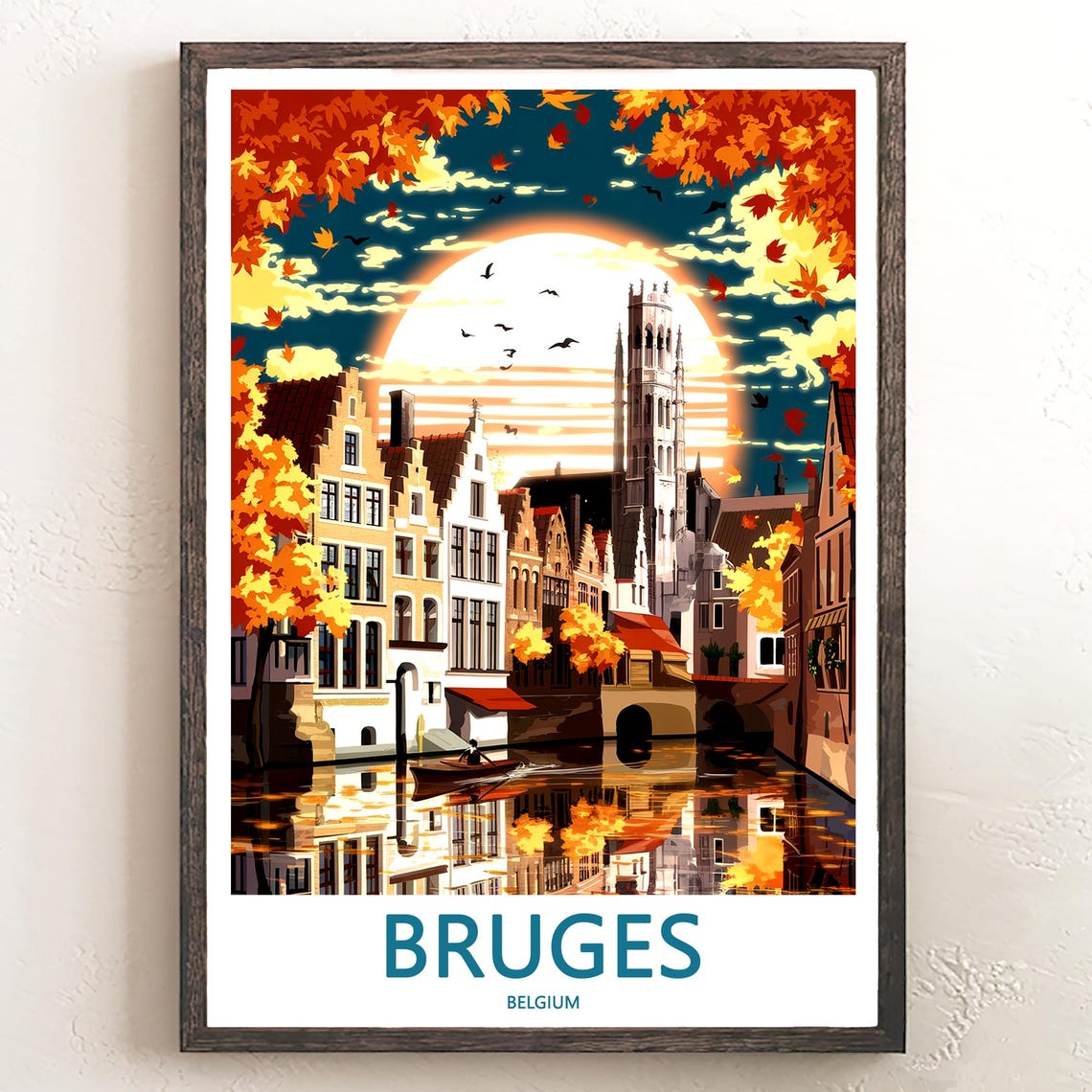 Bruges Autumn Sunset over Canal with Falling Leaves Travel Poster
