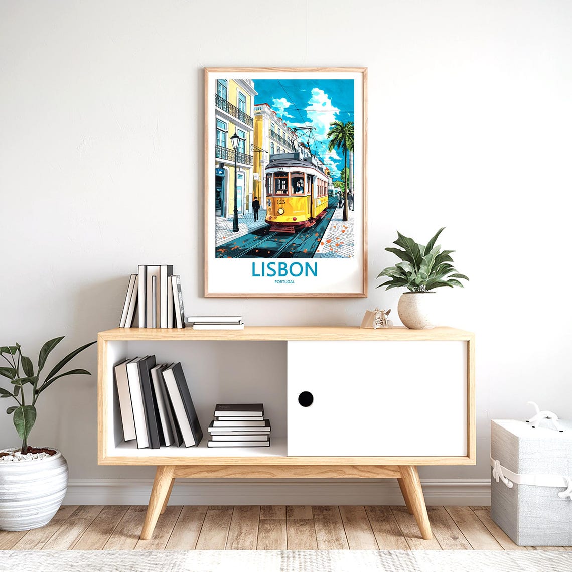 Lisbon Yellow Tram 123 on a Cobblestone Street With Palm Poster - Image 2