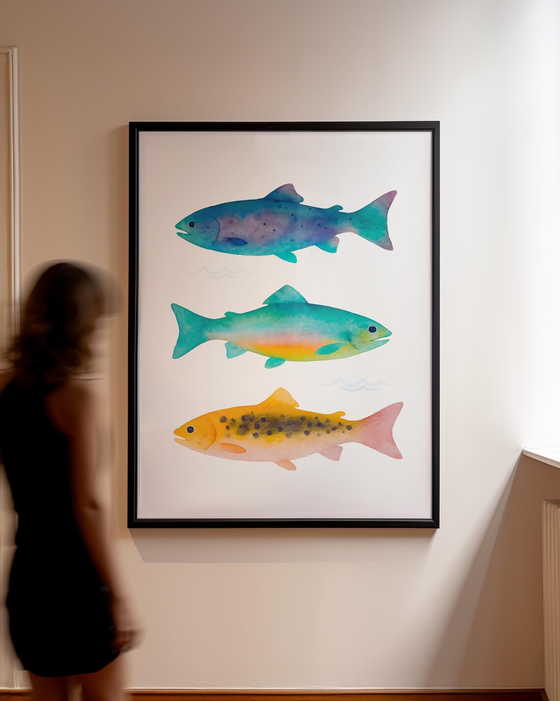 Three Colorful Trout Fish Watercolor Rainbow Lake Cabin Decor Poster