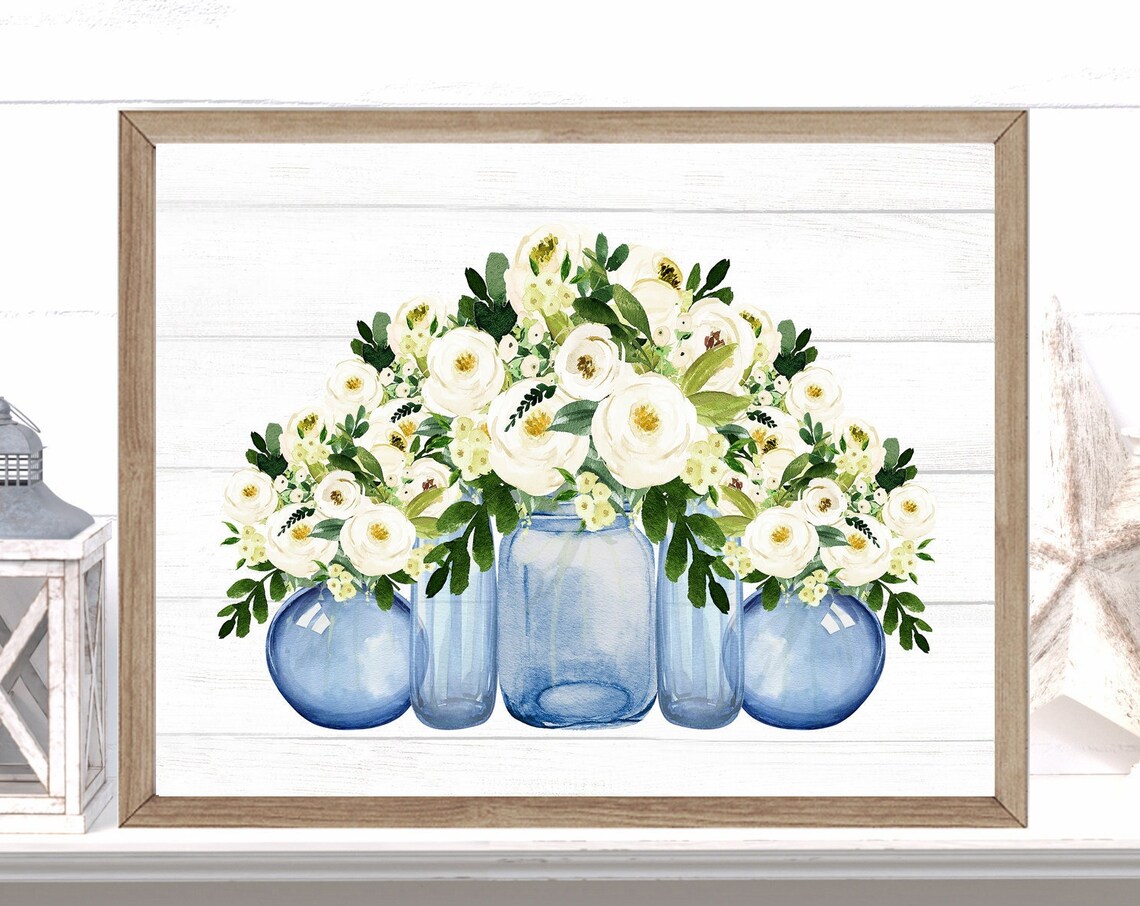 Five Navy Blue Vases with White Floral Bouquets Farmhouse Poster