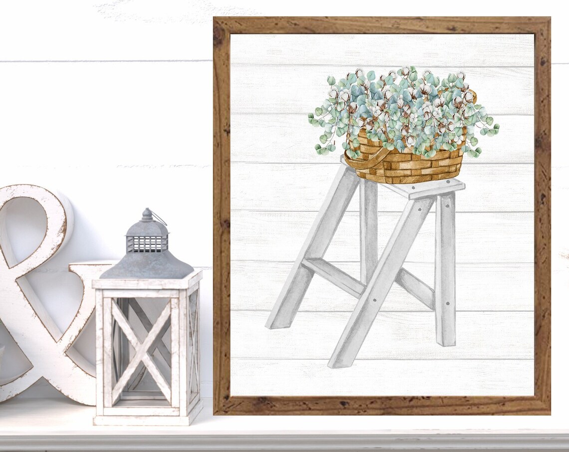Basket of Eucalyptus and Cotton on White Farmhouse Ladder Print