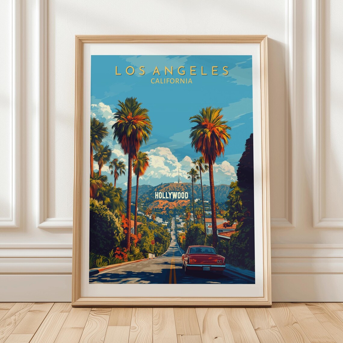 Los Angeles California Hollywood Sign Palm Trees Classic Car Poster