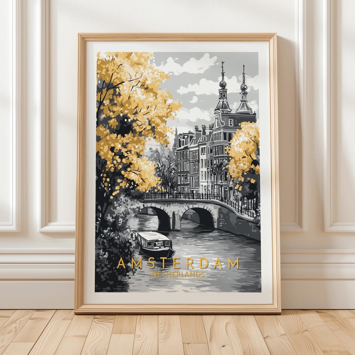 Amsterdam Netherlands Monochrome Canal Bridge Golden Trees Poster