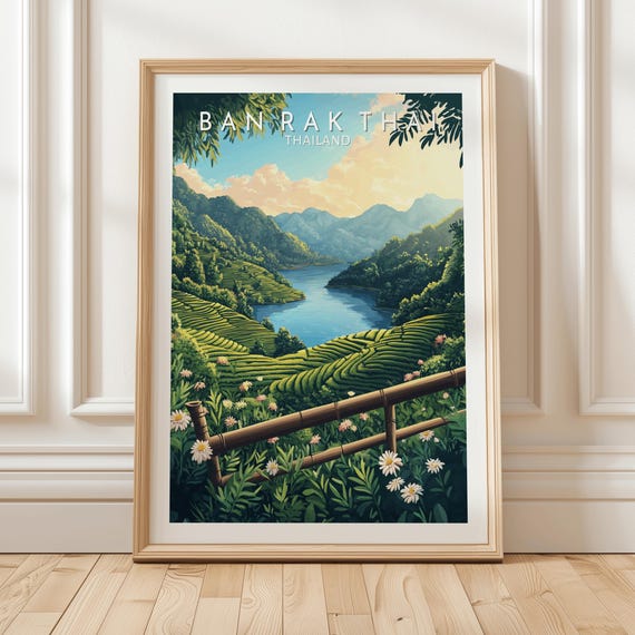 Ban Rak Thai Thailand Travel Poster Featuring Lush Green Tea Terraces Peaceful Lake View And Misty Mountains At Sunset Gift For Traveler