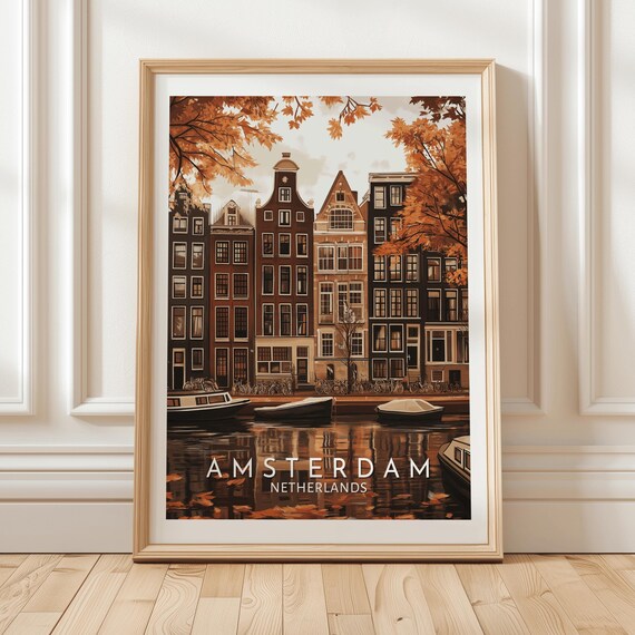 Amsterdam Autumn Canal Netherlands Europe Travel Illustration Poster