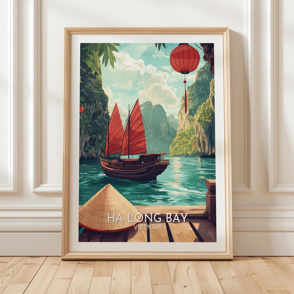 Ha Long Bay Vietnam Red Sail Junk Limestone Cliffs Travel Poster