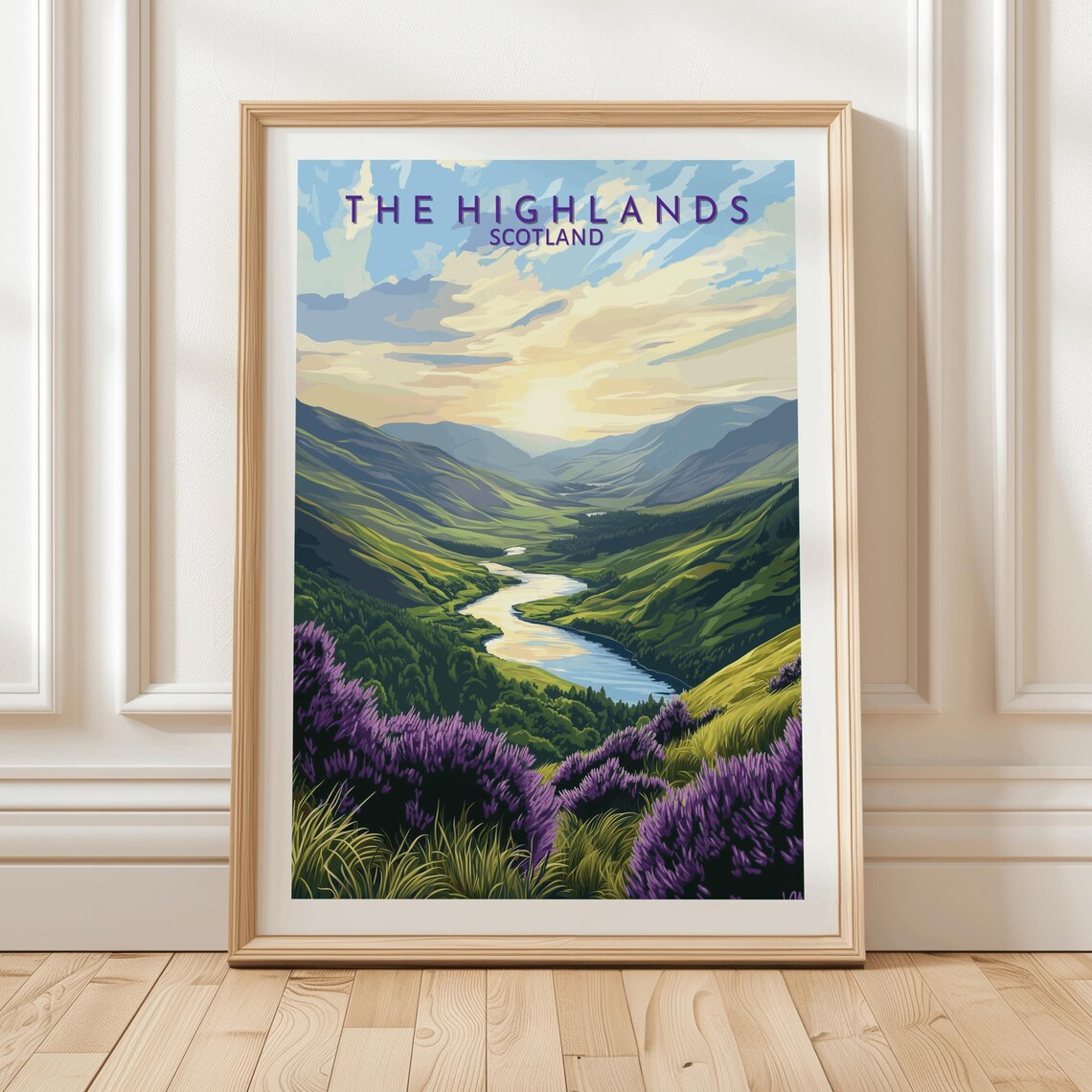 The Highlands Scotland Travel Poster with River Valley and Heather