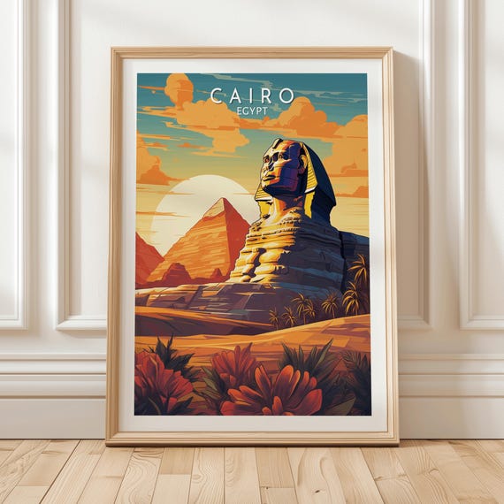 Cairo Egypt Travel Poster Featuring The Great Sphinx And Pyramids With Vibrant Sunset Sky Desert Landscape Wall Art Unique