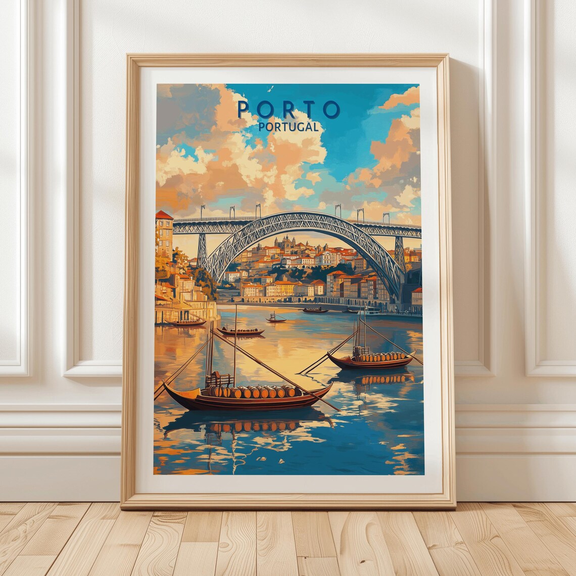 Porto Portugal Riverside Bridge Golden Clouds Framed Travel Poster