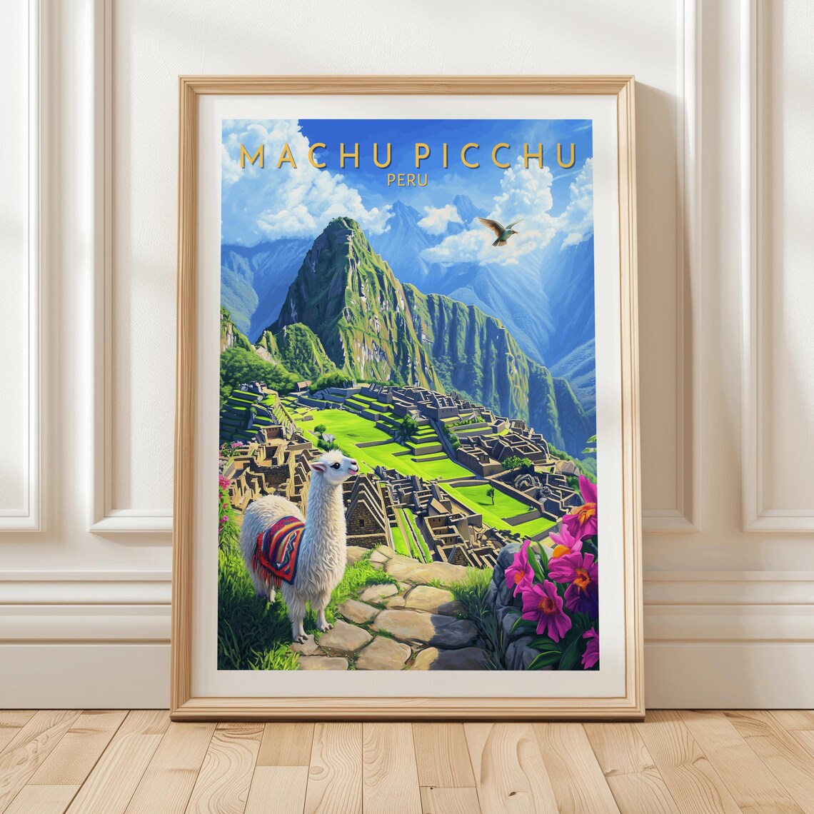 Machu Picchu Peru Travel Poster Gold Lettering Llama Incan Ruins