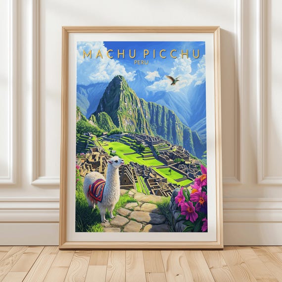 Machu Picchu Peru Wall Art Print Incan Ruins Llama Poster Vibrant Mountain Landscape Travel Decor Andean Culture Souvenir Illustration Gift