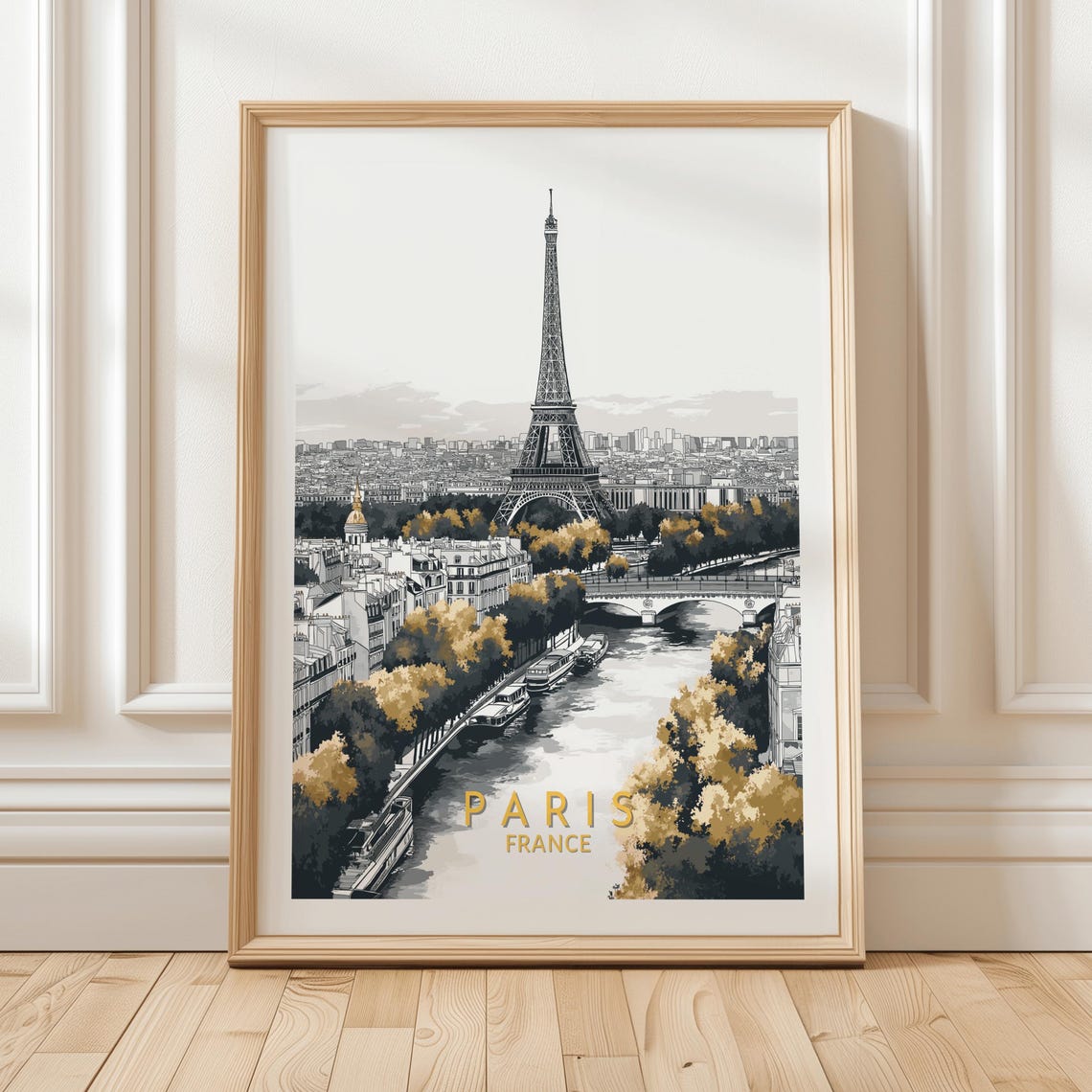 Paris Eiffel Tower Seine River View Black White Gold Travel Poster