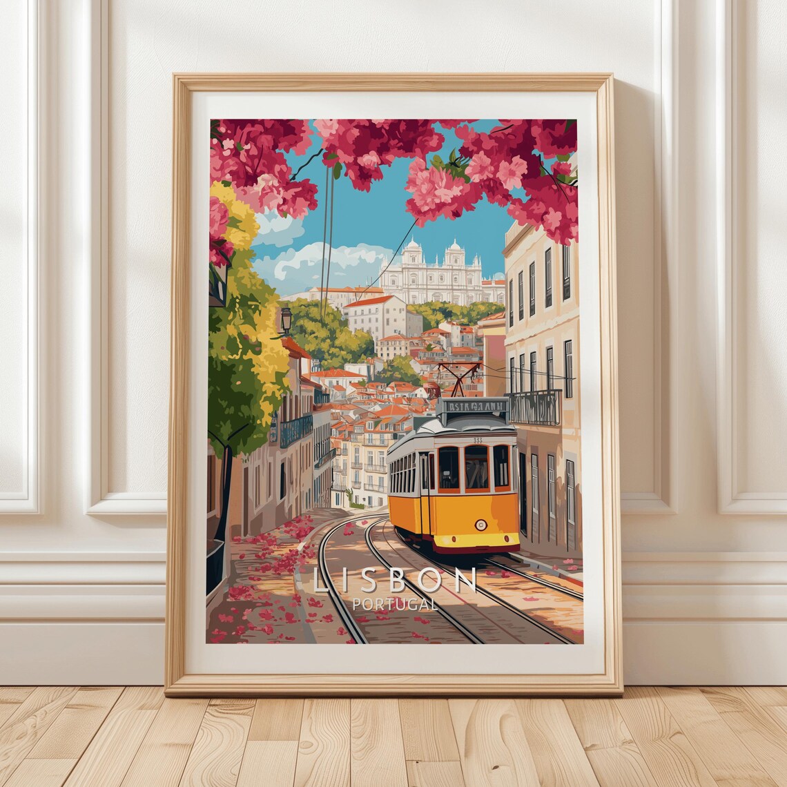 Lisbon Portugal Yellow Tram and Pink Blossoms Alfama Travel Poster