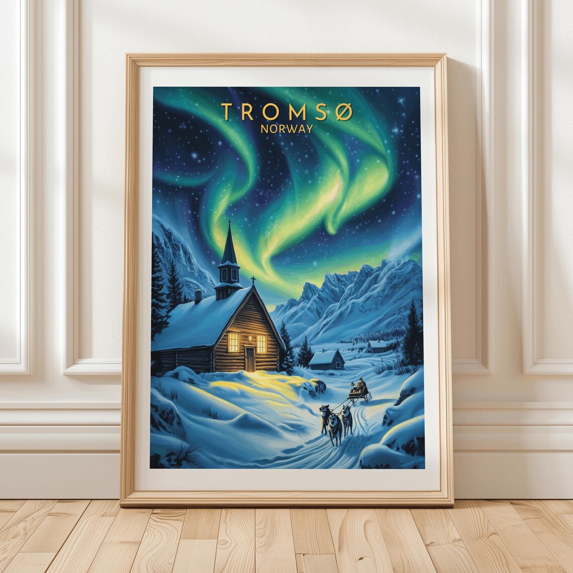 Tromso Norway Dog Sled Team Northern Lights Church Winter Poster