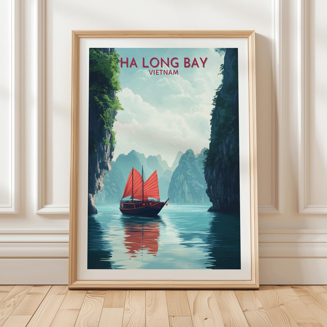 Ha Long Bay Vietnam Red Sail Junk Boat Limestone Travel Poster
