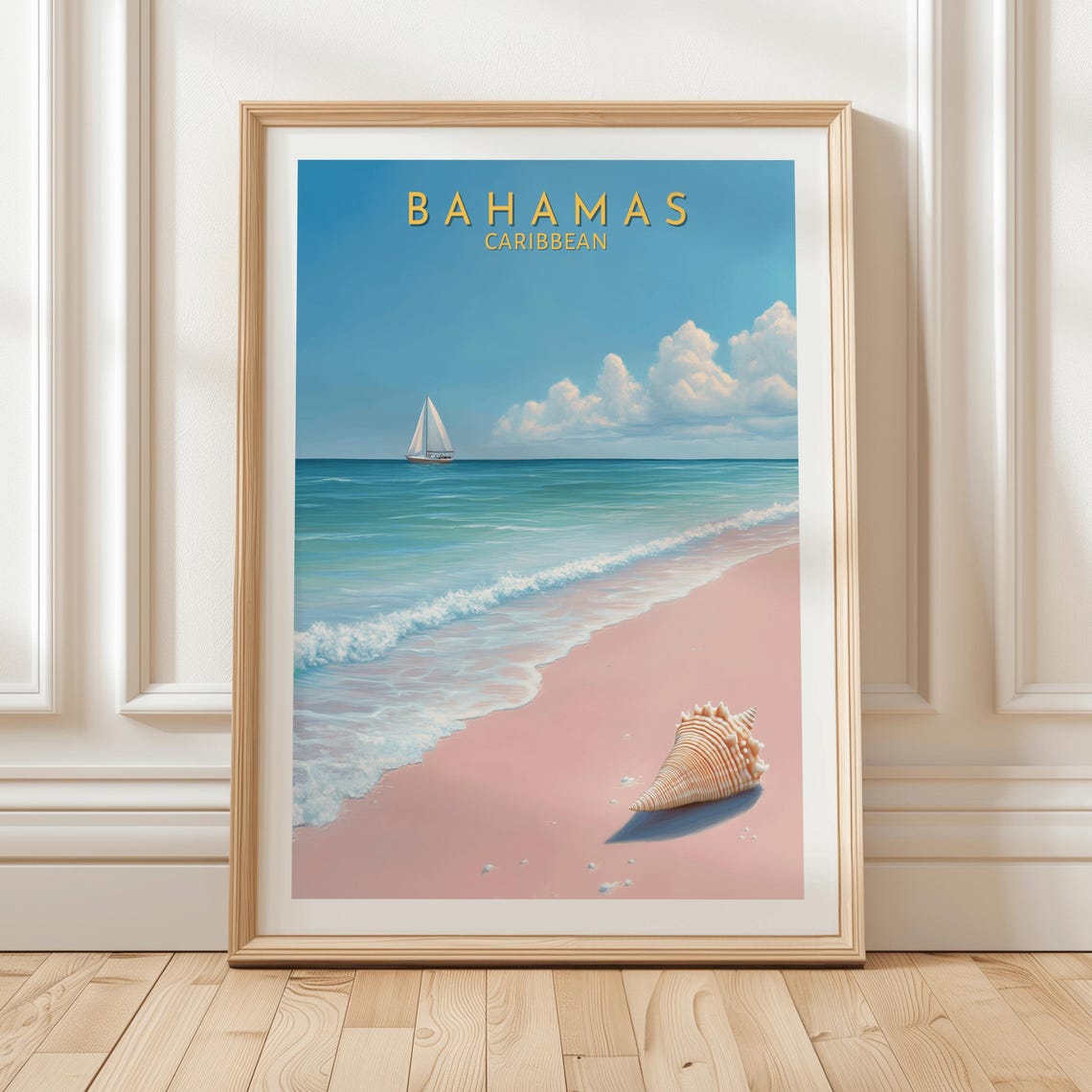 Framed Bahamas Caribbean Pink Sand Beach Sailboat Shell Travel Poster