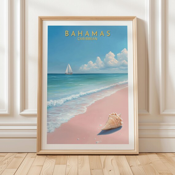 Bahamas Caribbean Wall Art Print Featuring Pink Sand Beach With Ocean Waves A Sailboat On The Horizon And Large Conch Shell In Foreground