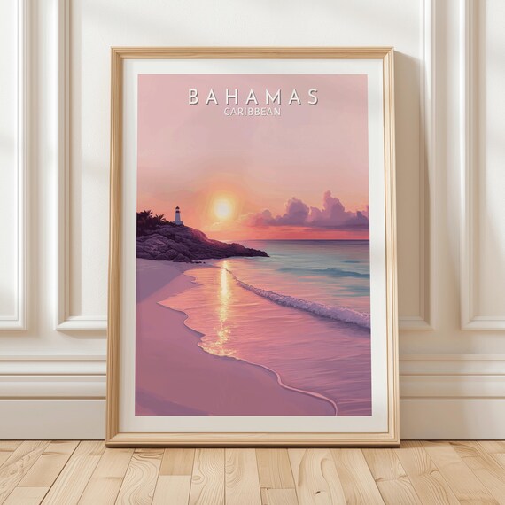 Bahamas Caribbean Lighthouse Sunset Glow on Pink Sand Beach Poster