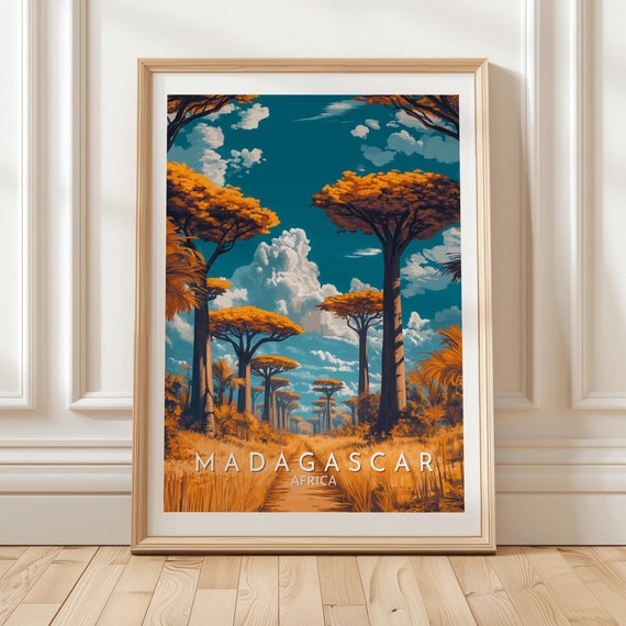 Madagascar Africa Baobab Forest Wall Art Print With Golden Grass Trail Exotic Tropical Landscape Poster For Nature Inspired Decor