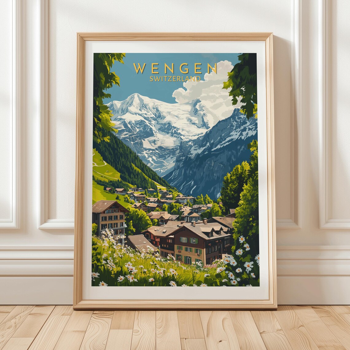 Wengen Switzerland Chalet Village Snowy Alps Wildflowers Poster