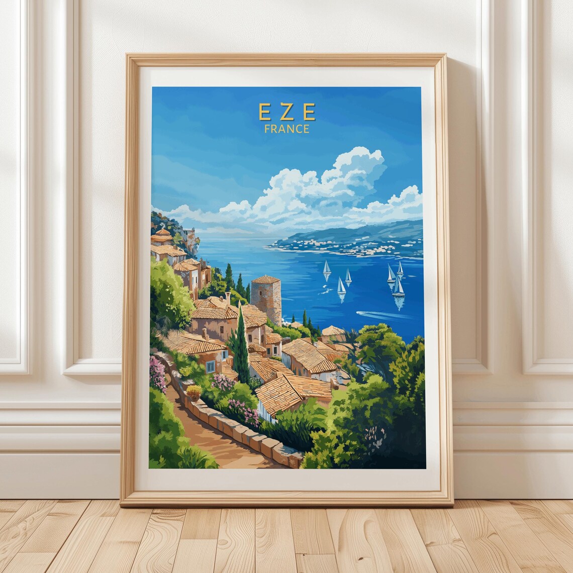 Eze France Cliffside Village Terracotta Rooftops Sea Travel Poster