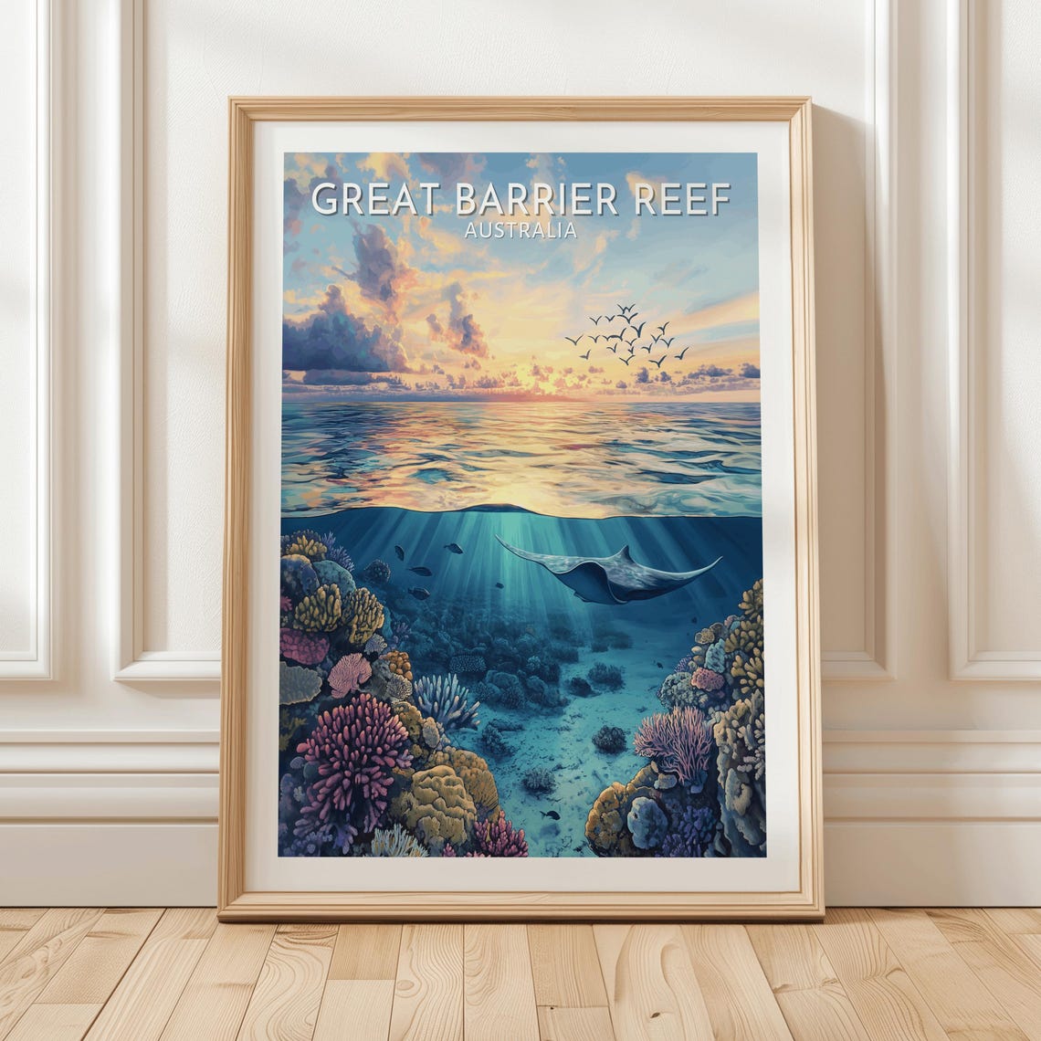 Great Barrier Reef Australia Coral Manta Ray Sunset Ocean Poster