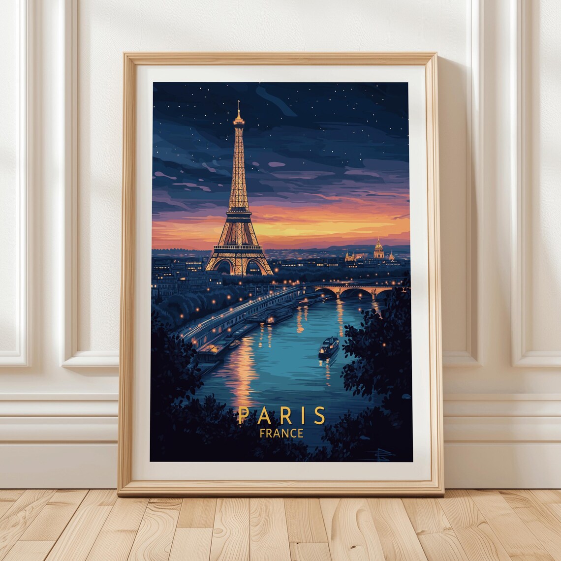 Paris Eiffel Tower Night View with Seine River Sunset Travel Poster