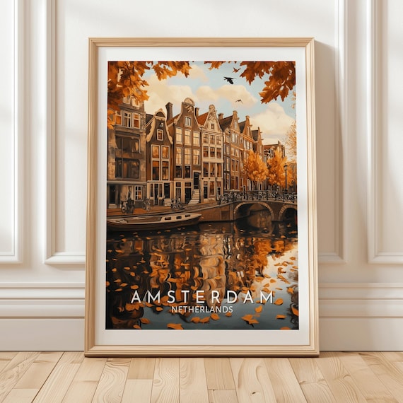 Amsterdam Netherlands Autumn Canal With Golden Leaves Vintage Travel Poster