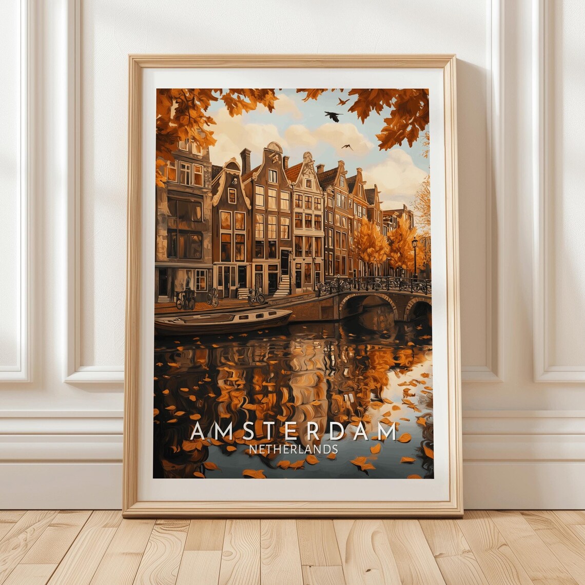 Amsterdam Netherlands Autumn Canal With Golden Leaves Vintage Travel Poster