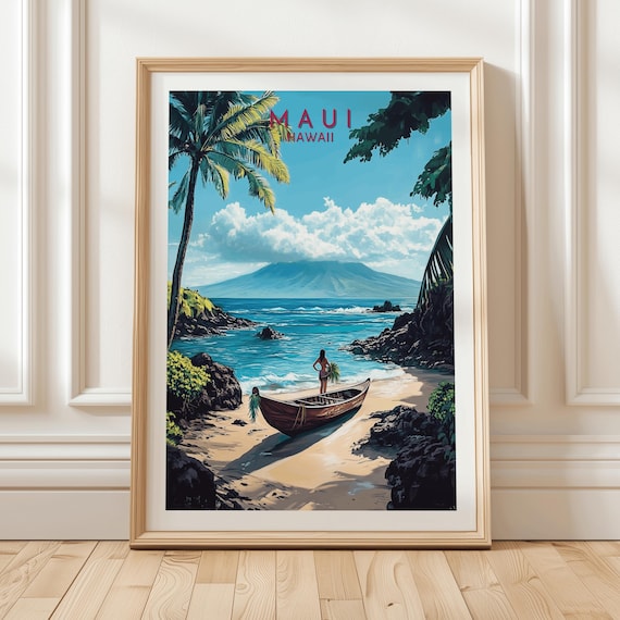 Maui Hawaii Beach Canoe Palm Trees Volcanic Island Travel Poster