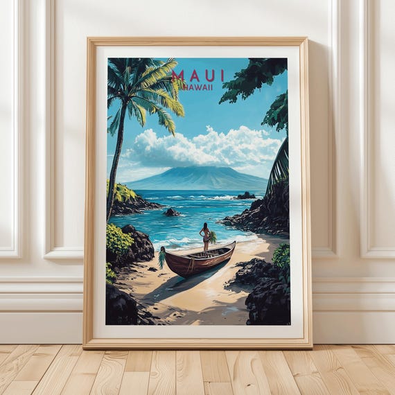 Maui Hawaii Travel Poster With Island View Canoe On Sandy Beach Palm Trees And Woman Holding Tropical Leaves Illustration Traveler Gift