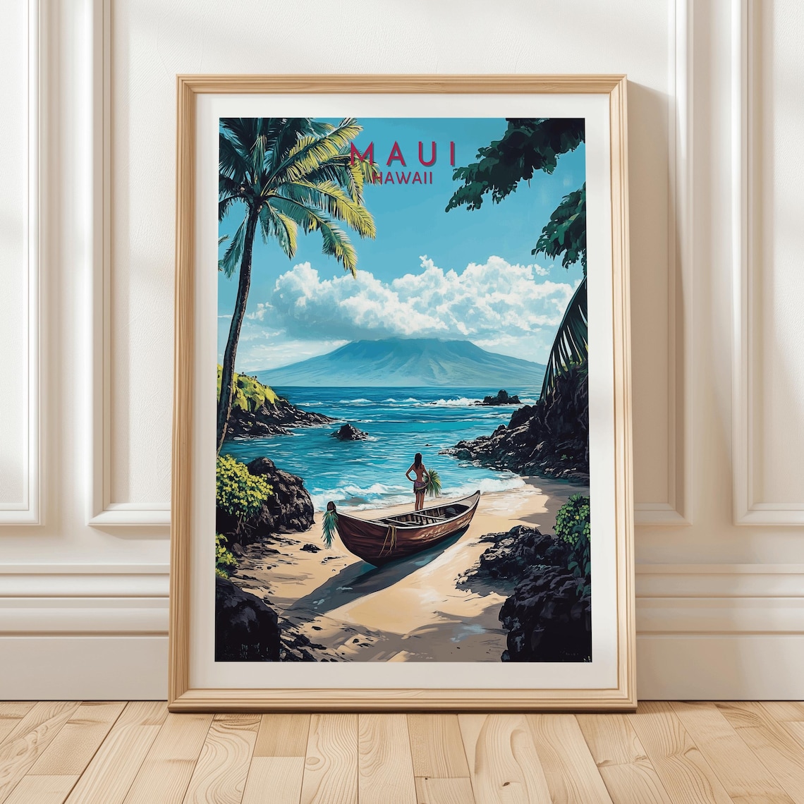 Maui Hawaii Beach Canoe Palm Trees Volcanic Island Travel Poster