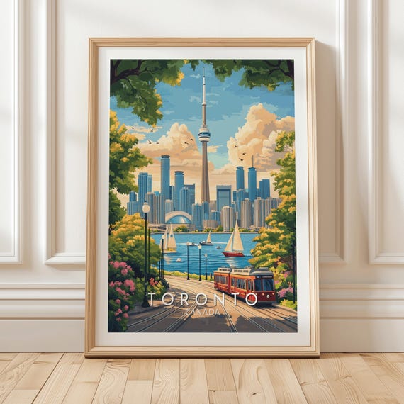 Toronto Canada Travel Poster With Cn Tower Sailboats On Lake Ontario Streetcar Skyline And Summer Trees Illustration Traveler Present
