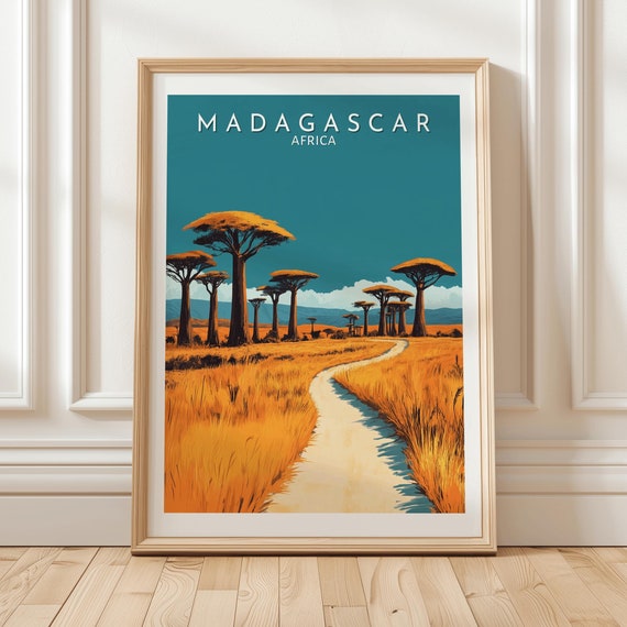 Madagascar Africa Baobab Tree Landscape Art Print With Golden Savannah Path Exotic Travel Poster For Safari Or Adventure Wall Decor Gift
