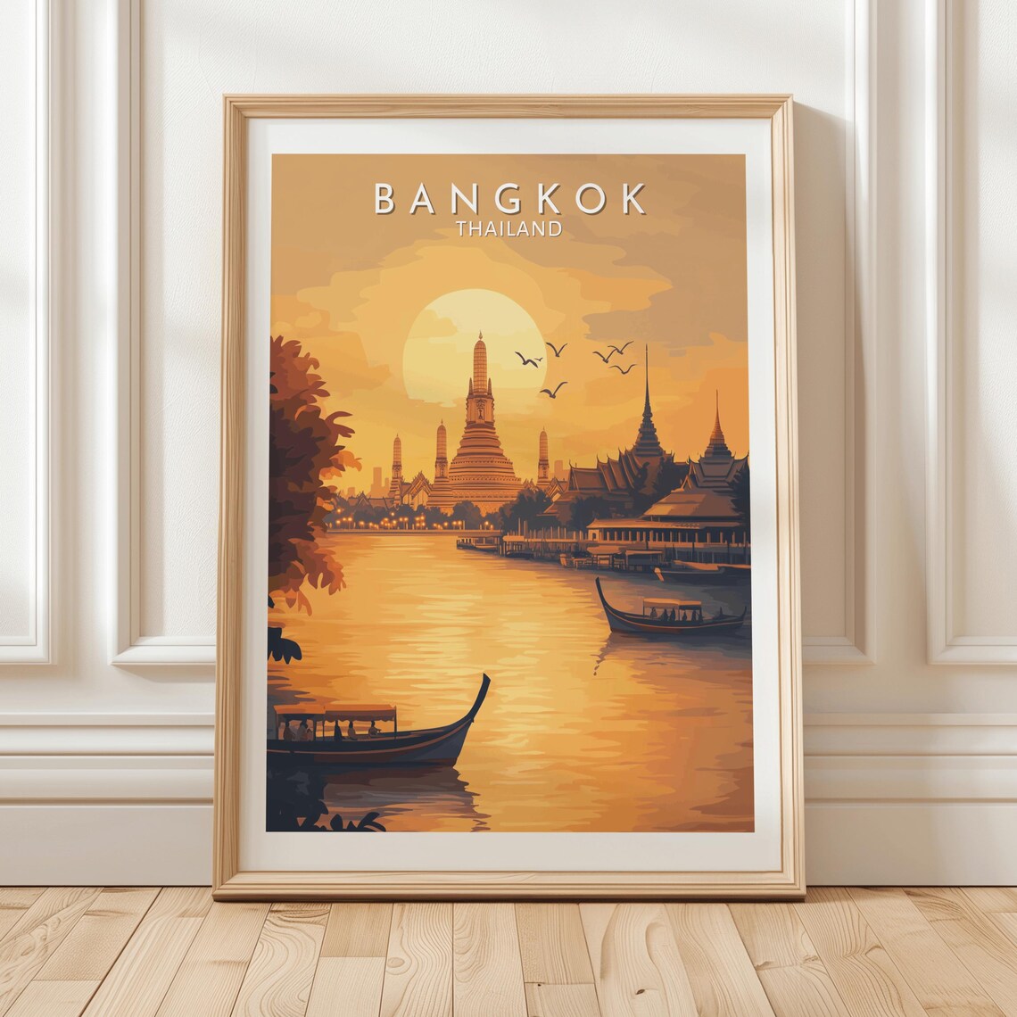 Bangkok Thailand Wat Arun Sunset Longtail Boats Travel Poster