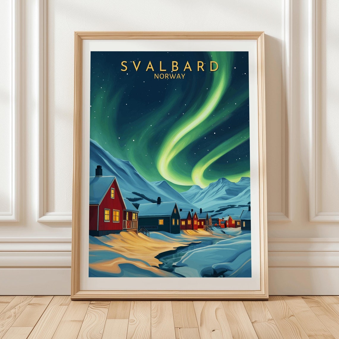 Svalbard Norway Northern Lights Snowy Village Winter Travel Poster