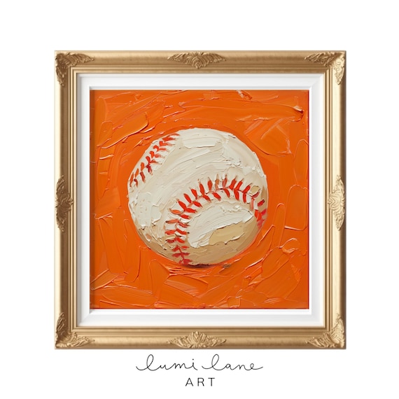 Baseball Textured Oil Painting on Bold Orange Background Sports Poster