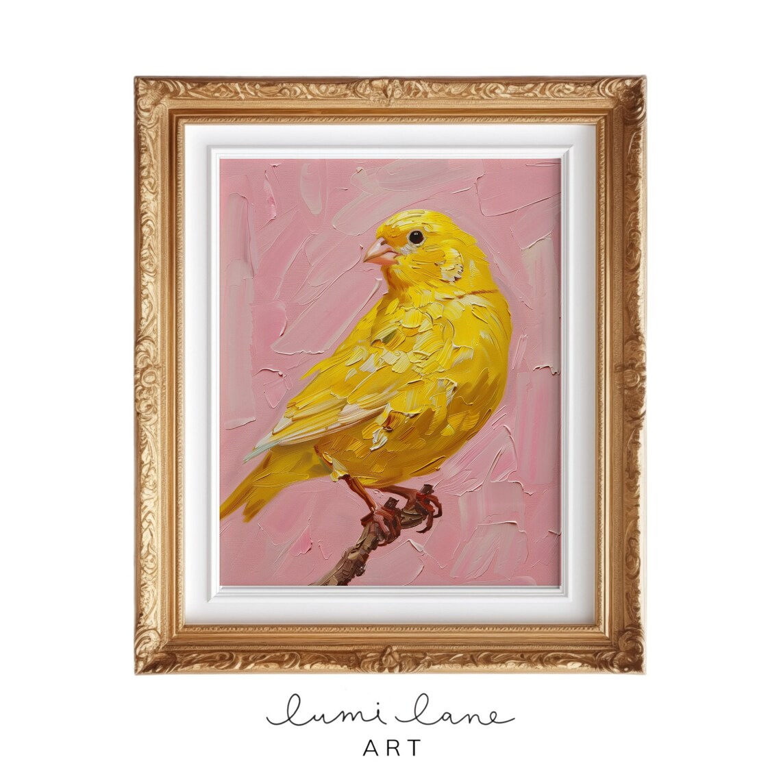 Bright Yellow Canary on Branch Pink Impasto Background Art Poster