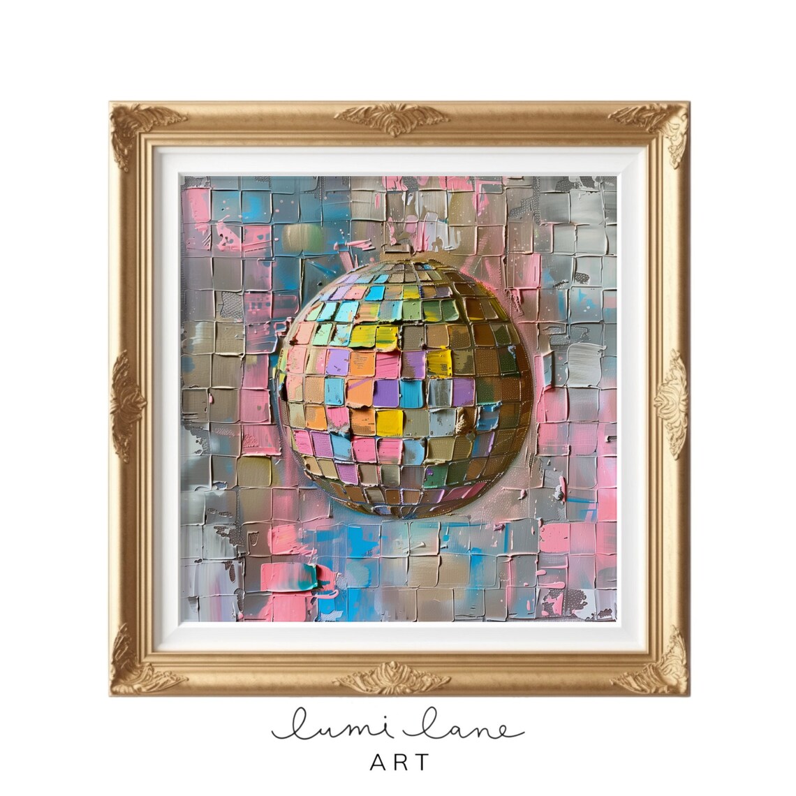 Disco Ball Mosaic Pastel Impasto Painting Retro Party Decor Wall Art