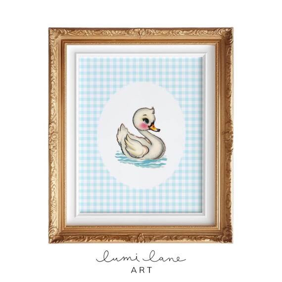 Cute Baby Swan Blue Gingham Sweet Vintage Nursery Animal Art Poster