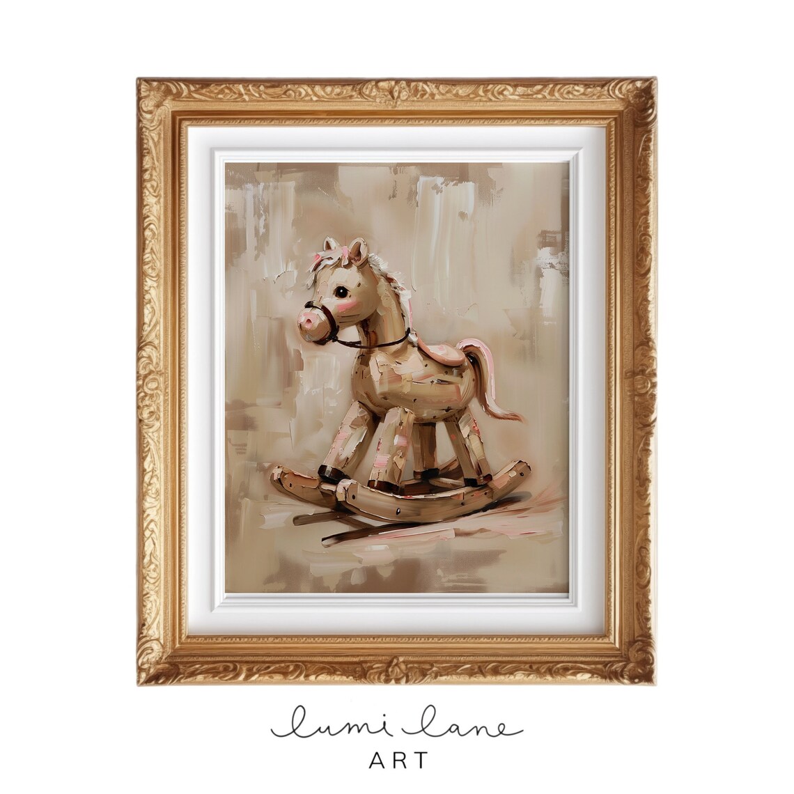 Vintage Wooden Rocking Horse Nursery Soft Beige Toy Painting Wall Art